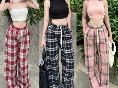 Quần Ống Rộng Nữ Kẻ Nhiều Màu Ulzzang